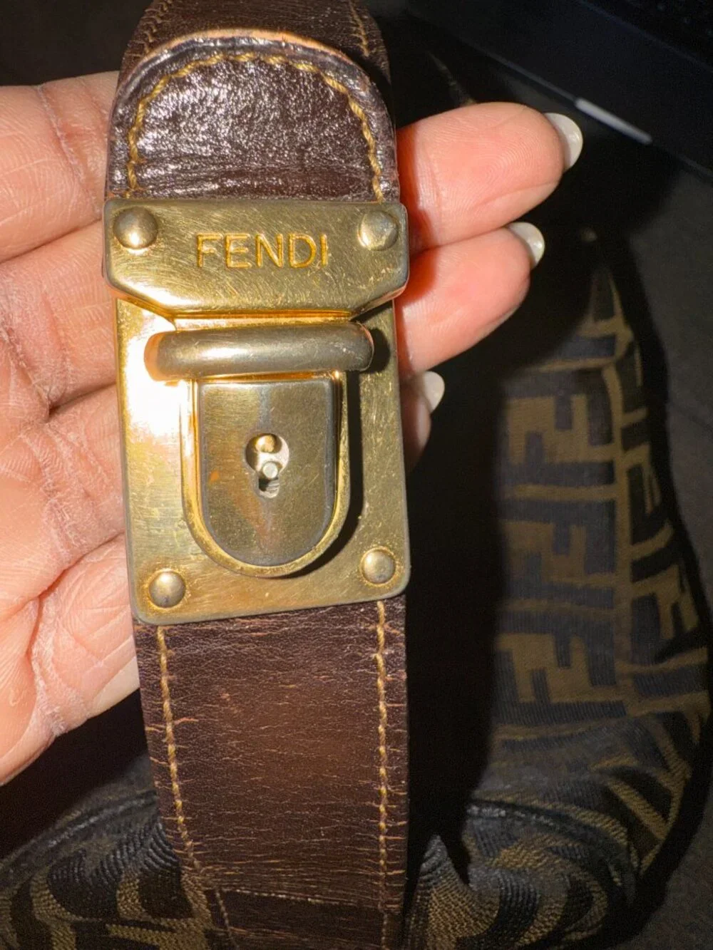Authentic FENDI Zucca Canvas Top Handle Arm Vanity Bag Black Brown